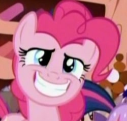 Size: 351x334 | Tagged: safe, derpibooru import, screencap, pinkie pie, twilight sparkle, earth pony, pony, friendship is magic, background pony, cropped, faic, grin, happy, pinkie's boring grin, reaction image, smiling