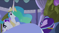 Size: 1920x1080 | Tagged: safe, screencap, princess celestia, starlight glimmer, alicorn, pony, a royal problem, bed, discovery family logo, nervous, sleeping, swapped cutie marks