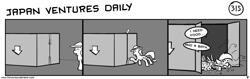 Size: 1280x404 | Tagged: safe, artist:tetrapony, derpy hooves, pegasus, pony, comic:the daily derp, box, cardboard box, comic, dirty, female, homeless, japan ventures daily, mare, monochrome, speech bubble
