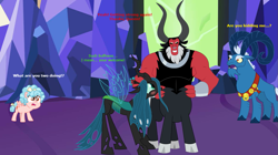 Size: 1183x663 | Tagged: safe, artist:andoanimalia, artist:cloudyglow, artist:dragonchaser123, artist:nukarulesthehouse1, artist:ponponvector, edit, cozy glow, grogar, lord tirek, queen chrysalis, centaur, changeling, changeling queen, pegasus, pony, sheep, bow, caption, chrysirek, cloven hooves, cozy glow is not amused, female, filly, foal, funny, hair bow, image macro, legion of doom, male, nose piercing, nose ring, piercing, ram, shipping, straight, text, twilight's castle, vector, vector edit