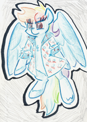 Size: 624x871 | Tagged: safe, artist:shoeunit, derpibooru import, rainbow dash, pegasus, pony, clothes, colored pencil drawing, female, mare, solo, traditional art