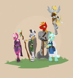 Size: 1593x1701 | Tagged: dead source, safe, artist:phidippusofmystery, big macintosh, cheerilee, derpy hooves, lyra heartstrings, zecora, anthro, unguligrade anthro, zebra, adventuring party, archer, armor, arrow, axe, bow (weapon), bow and arrow, dungeons and dragons, fantasy class, flying, lyre, simple background, staff, unshorn fetlocks, weapon