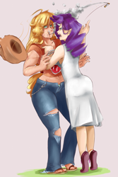 Size: 1280x1920 | Tagged: safe, artist:sundown, applejack, rarity, applebucking thighs, female, horned humanization, humanized, lesbian, rarijack, shipping, smoking