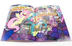 Size: 889x567 | Tagged: safe, idw, angel bunny, fluttershy, pegasus, pony, spoiler:comicm04, knitting, speech bubble, yarn