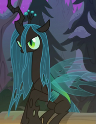 Size: 555x718 | Tagged: safe, screencap, queen chrysalis, changeling, changeling queen, frenemies (episode), cropped, female, sitting, solo