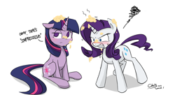 Size: 2200x1200 | Tagged: dead source, safe, artist:xcopyen002, derpibooru import, rarity, twilight sparkle, unicorn twilight, pony, unicorn, angry, female, prank, rarity is not amused, simple background, twilight is not amused, unamused