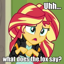 Size: 401x400 | Tagged: safe, sunset shimmer, equestria girls, animal noises, image macro, meme, what does the fox say?