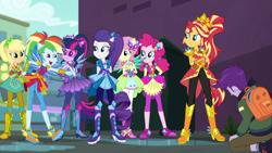 Size: 1280x720 | Tagged: safe, derpibooru import, screencap, applejack, fluttershy, jewelry thief (character), pinkie pie, rainbow dash, rarity, sci-twi, sunset shimmer, twilight sparkle, better together, equestria girls, super squad goals, canterlot city, clothes, crystal guardian, freckles, gloating, pants, pantyhose, ponied up, superhero, thief, visor