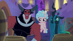 Size: 1280x720 | Tagged: safe, screencap, cozy glow, lord tirek, queen chrysalis, changeling, changeling queen, pegasus, pony, the summer sun setback, cozy glow is not amused, female, foal