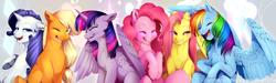 Size: 2000x600 | Tagged: safe, artist:aidapone, derpibooru import, applejack, fluttershy, pinkie pie, rainbow dash, rarity, twilight sparkle, twilight sparkle (alicorn), alicorn, earth pony, pegasus, pony, unicorn, blonde, eyes closed, female, hatless, laughing, laughingmares.jpg, lip bite, looking at you, mane six, mare, missing accessory, multicolored hair, one eye closed, smiling, underhoof