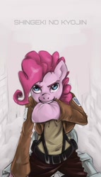 Size: 1000x1750 | Tagged: safe, artist:insanitylittlered, pinkie pie, earth pony, pony, attack on titan, parody, solo, titan shifter