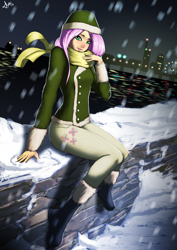 Size: 3508x4961 | Tagged: safe, artist:deilan12, fluttershy, human, beautiful, blushing, cute, humanized, shyabetes, skintight clothes, snow, snowfall, solo, winter