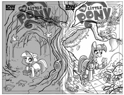 Size: 1000x766 | Tagged: safe, derpibooru import, idw, angel bunny, opalescence, twilight sparkle, bird, pony, unicorn, alice in wonderland, little red riding hood, monochrome, tree