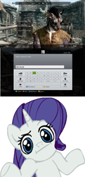 Size: 632x1308 | Tagged: safe, rarity, pony, unicorn, bad shop, bend over, skyrim, the elder scrolls, xbox