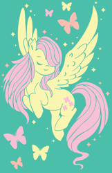 Size: 3300x5100 | Tagged: safe, artist:twiddledittle, fluttershy, butterfly, pegasus, pony, eyes closed, hair over one eye, simple background, solo, spread wings, teal background, wings