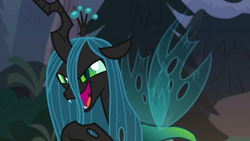 Size: 1920x1080 | Tagged: safe, screencap, queen chrysalis, changeling, changeling queen, frenemies (episode), female, forest, open mouth, solo