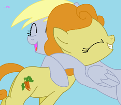 Size: 656x573 | Tagged: safe, artist:pumpkin-spices, carrot top, derpy hooves, golden harvest, pegasus, pony, female, hug, mare