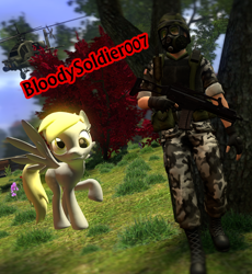 Size: 794x863 | Tagged: safe, artist:dbuilder, derpy hooves, pegasus, pony, 3d, adrian shephard, ah-64 apache, birthday gift, bloodysoldier007, explosion, female, g36c, gmod, h.e.c.u., half-life, half-life: opposing force, helicopter, mare, park