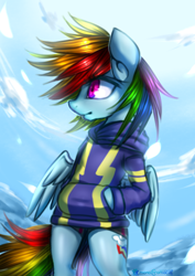 Size: 2480x3507 | Tagged: safe, artist:monochromacat, derpibooru import, rainbow dash, pegasus, pony, semi-anthro, bipedal, clothes, female, mare, multicolored hair, solo, sweater