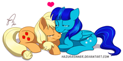 Size: 1136x563 | Tagged: safe, artist:hazurasinner, applejack, oc, earth pony, pony, canon x oc, eyes closed, female, heart, mare, nuzzling, signature, simple background, transparent background