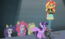 Size: 916x562 | Tagged: safe, artist:angeltorchic, edit, part of a set, screencap, applejack, pinkie pie, rarity, sunset shimmer, twilight sparkle, twilight sparkle (alicorn), alicorn, equestria girls, discovery family logo, sunset's little twilight, tiny ponies