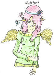 Size: 1382x1910 | Tagged: safe, artist:managodess, fluttershy, clothes, eared humanization, humanized, off shoulder, sweater, sweatershy, traditional art, winged humanization