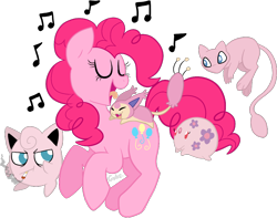 Size: 942x741 | Tagged: safe, artist:deerspit, pinkie pie, earth pony, jigglypuff, pony, cigarette, crossover, happy, mew, munna, music notes, pink, pokémon, singing, skitty, smoking, tongue out