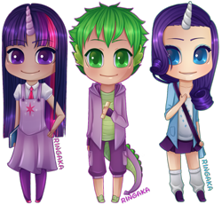 Size: 1197x1108 | Tagged: safe, artist:ringabutt, derpibooru import, rarity, spike, twilight sparkle, chibi, eared humanization, horned humanization, humanized, tailed humanization