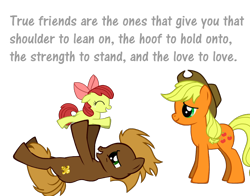 Size: 830x650 | Tagged: safe, artist:redtailsoarin, apple bloom, applejack, oc, earth pony, pony, pony creator, fanfic, fanfic art, happy, male, on back, stallion, text