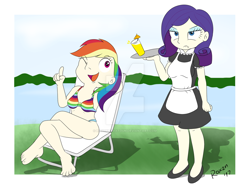 Size: 1024x768 | Tagged: safe, artist:roxenmaratoun, derpibooru import, rainbow dash, rarity, human, bikini, clothes, humanized, maid, one eye closed, swimsuit, watermark