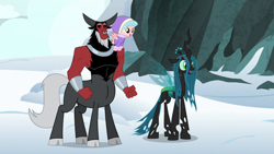 Size: 1280x720 | Tagged: safe, screencap, cozy glow, lord tirek, queen chrysalis, centaur, changeling, changeling queen, pegasus, pony, frenemies (episode), bow, cloven hooves, female, filly, hair bow, male, nose piercing, nose ring, piercing, trio