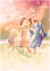 Size: 752x1063 | Tagged: safe, artist:masakohime, derpibooru import, applejack, rainbow dash, earth pony, pegasus, pony, appledash, female, kissing, lesbian, shipping