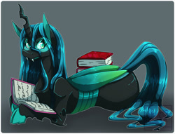 Size: 1400x1068 | Tagged: safe, artist:pastel-pony-pictures, queen chrysalis, changeling, changeling queen, book, dork, dorkalis, fangs, female, glasses, looking at you, nerd, prone, quadrupedal, reading, slit eyes, solo
