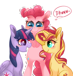 Size: 600x630 | Tagged: safe, artist:phyllismi, pinkie pie, sunset shimmer, twilight sparkle, twilight sparkle (alicorn), alicorn, earth pony, pony, unicorn, blush sticker, blushing, c:, cute, eye contact, female, grin, lesbian, looking at each other, shipper on deck, shipping, shivering, simple background, sitting, smiling, squee, sunsetsparkle, thought bubble, white background