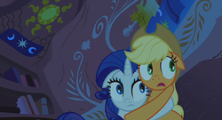 Size: 1280x690 | Tagged: safe, screencap, applejack, rarity, earth pony, pony, unicorn, look before you sleep, hug