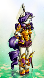 Size: 2160x3840 | Tagged: safe, artist:tenart, rarity, anthro, unguligrade anthro, armor, armor skirt, clothes, hand on hip, skirt, solo, spear