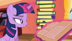 Size: 1469x835 | Tagged: safe, derpibooru import, twilight sparkle, bedroom eyes, book, golden oaks library, lip bite