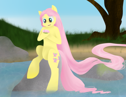 Size: 3300x2550 | Tagged: safe, artist:dozymouse, fluttershy, pegasus, pony, crossover, parody, river, solo, tangled (disney)