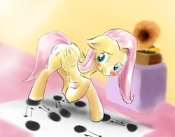 Size: 987x774 | Tagged: safe, artist:nightomist, fluttershy, pegasus, pony, blushing, cute, dance lesson, dancing, hilarious in hindsight, phonograph, shyabetes