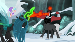 Size: 1920x1080 | Tagged: safe, screencap, cozy glow, lord tirek, queen chrysalis, centaur, changeling, changeling queen, pegasus, pony, frenemies (episode), clothes, cloven hooves, female, filly, foal, glowing horn, hat, horn, magic drain, snow, trio, winter outfit