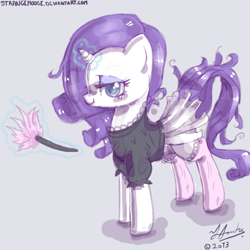 Size: 1000x1000 | Tagged: safe, artist:strangemoose, rarity, pony, unicorn, alternate hairstyle, clothes, duster, maid, solo