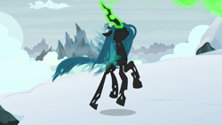 Size: 1920x1080 | Tagged: safe, screencap, queen chrysalis, changeling, changeling queen, frenemies (episode), eyes closed, female, glowing horn, horn, snow, solo