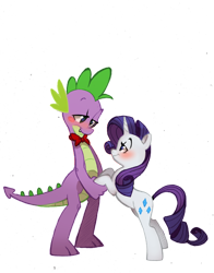 Size: 624x794 | Tagged: safe, artist:psychoon, rarity, spike, dragon, pony, unicorn, bipedal, blushing, bowtie, female, male, older, shipping, sparity, straight