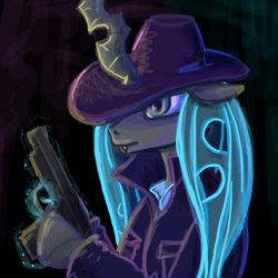 Size: 1000x1000 | Tagged: safe, artist:myr2a, queen chrysalis, changeling, changeling queen, semi-anthro, clothes, detective, female, floppy ears, gun, hat, hoof hold, jacket, magic, noir, solo, telekinesis, weapon