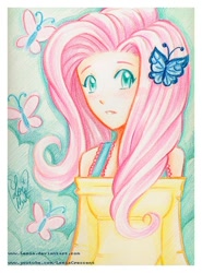 Size: 540x729 | Tagged: safe, artist:lemia, fluttershy, clothes, female, humanized, pink hair, solo, traditional art