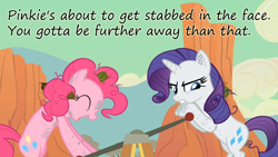 Size: 1280x720 | Tagged: safe, edit, edited screencap, screencap, pinkie pie, rarity, earth pony, pony, unicorn, the last roundup, caption, hand car, insane pony thread, messy mane, stabbing, tumblr