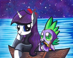 Size: 649x516 | Tagged: safe, artist:aurora-chiaro, rarity, spike, dragon, pony, unicorn, boat, female, male, night, shipping, sparity, stars, straight, traditional art, water