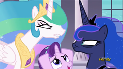 Size: 2560x1440 | Tagged: safe, screencap, princess celestia, princess luna, starlight glimmer, alicorn, pony, a royal problem, angry, canterlot castle, discovery family, discovery family logo, jewelry, regalia