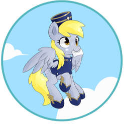 Size: 2000x2025 | Tagged: safe, artist:hidden-cat, derpy hooves, pegasus, pony, clothes, cloud, female, letter, mailmare, mare, mouth hold, sky, solo, uniform