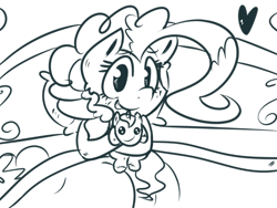 Size: 660x496 | Tagged: safe, artist:strabarybrick, pinkie pie, earth pony, pony, bed, cute, grin, heart, hug, lineart, looking at you, monochrome, plushie, sketch, smiling, solo